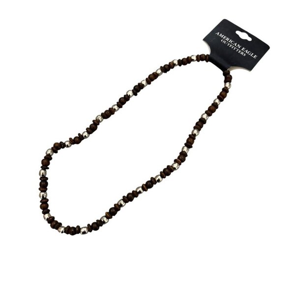 New W Tags American Eagle Necklace Mens Women’s Brown Wood Brad Silver Unisex - Picture 1 of 3